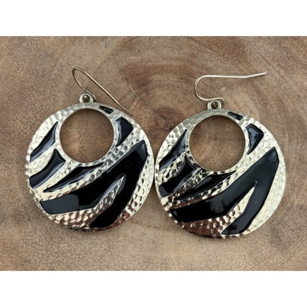 Round Zebra Print Dangle Drop Earrings Metal Gold & Black Half Moon Statement